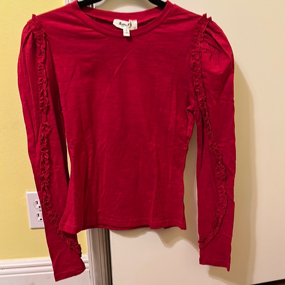Red Fitted Puff Sleeve Blouse with Ruffles